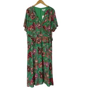 Gibson Latimer Dress Womens XL Green Floral Peplum Midi Length Faux Wrap V Neck
